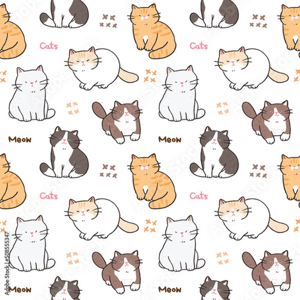 Fototapeta Seamless Pattern with Cartoon Cat Design on White Background