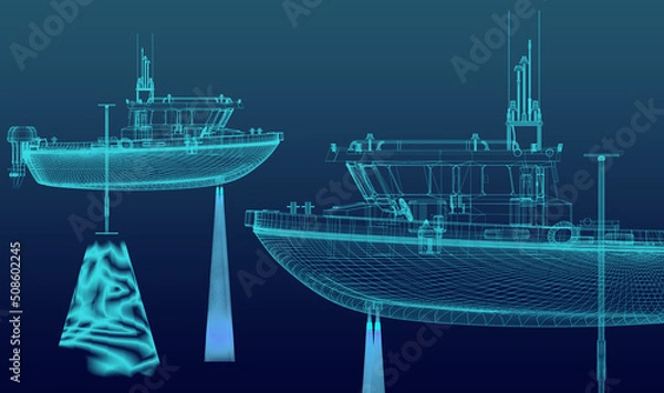 Fototapeta Schematic of a motor boat with sonar. Bathymetry. 3d-rendering