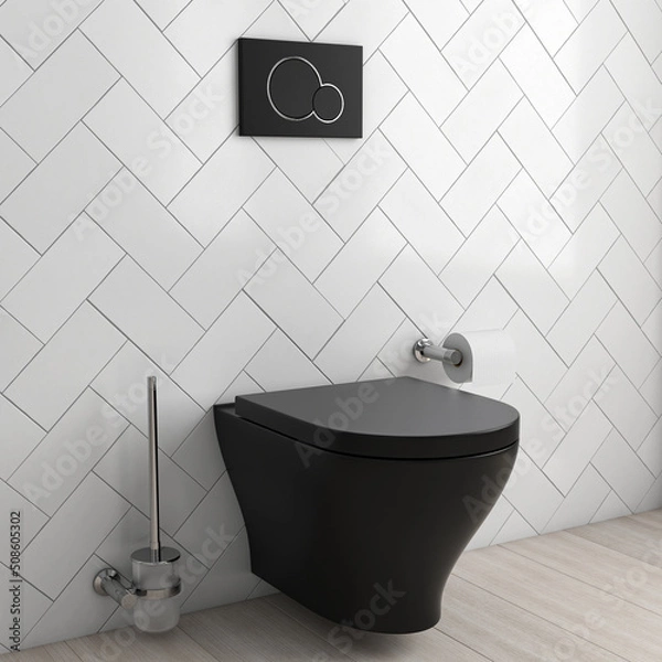 Fototapeta Bathroom interior. Black wall-mounted toilet with flush button and matching accessories - toilet paper holder and toilet brush. White ceramic tiles. 3d render illustration