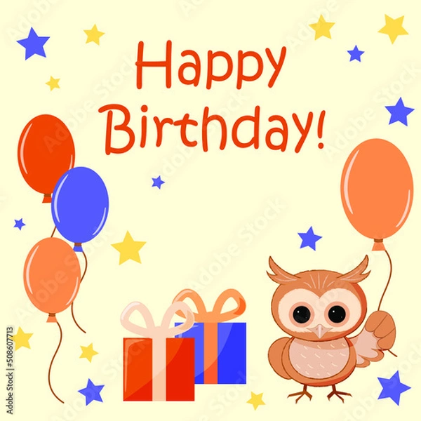 Obraz Cute owlet has a birthday with colored balloons and gifts.