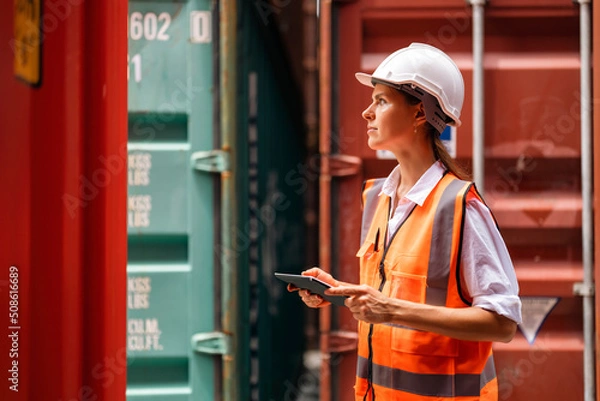 Obraz Female manager using tablet working at container yard.