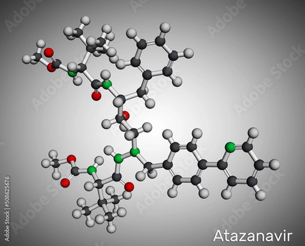 Fototapeta Atazanavir molecule. It is antiretroviral medication, used for the treatment of HIV. Molecular model.