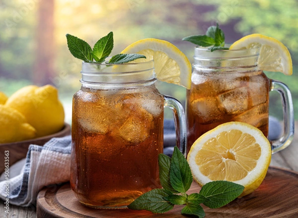Fototapeta Glass of ice tea with lemon and mint