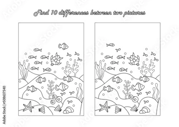 Fototapeta Find 10 differences. Educational game for children. Coloring book page. Underwater sea world. Cartoon vector illustration