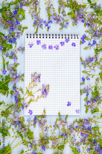 Fototapeta A notebook on a blue background in a frame of blue wildflowers. Mock-up