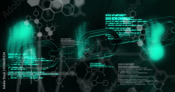 Fototapeta Security chain icon over chemical structures and data processing against black background
