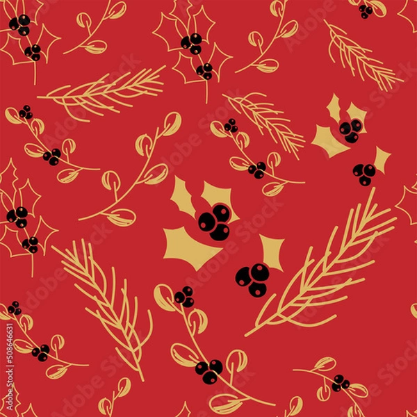 Fototapeta Vector. Merry Christmas, Happy New Year seamless pattern with leaves, berries, holly and spruce branches. Seamless winter background. Design for wrapping paper, greeting cards, textiles, branding.