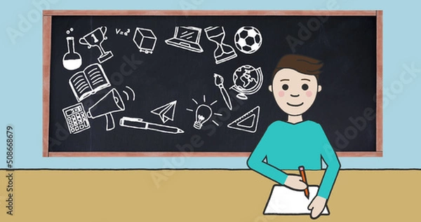 Fototapeta Image of schoolboy taking notes over blackboard with school items icons on blue background