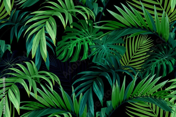Obraz Seamless hand drawn tropical vector pattern with monstera palm leaves on dark background.