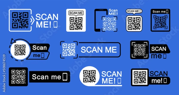 Fototapeta QR code scan icon set. Scan me frame. QR code scan for smartphone. QR code for mobile app, payment and identification. Vector illustration.