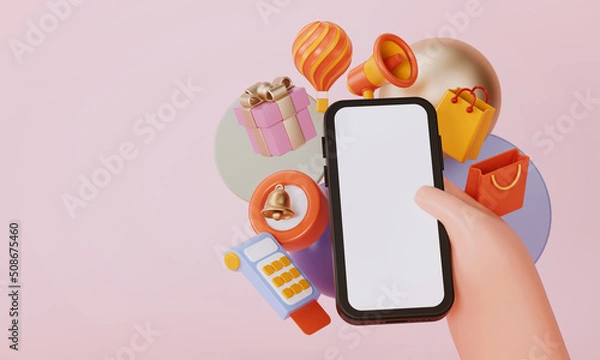 Fototapeta 3d rendering of smartphone and hand.