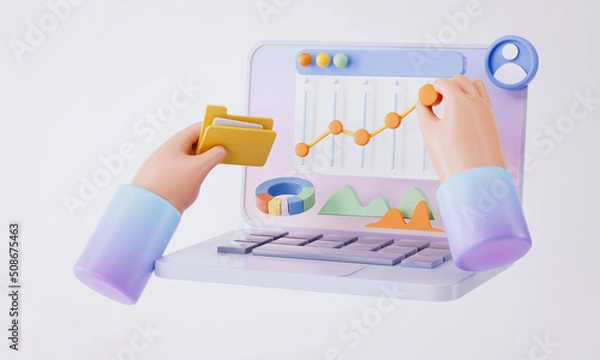 Fototapeta 3d rendering of hand and laptop.