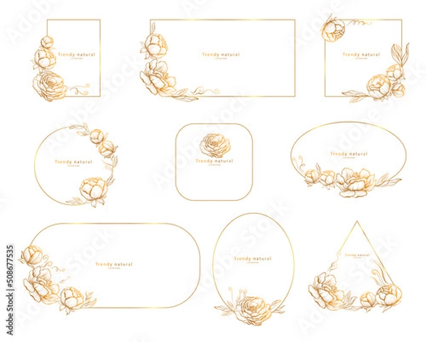 Fototapeta Set of elegant golden floral logo elements Frame corners and branch Boho Hand 