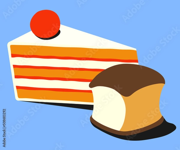 Obraz A piece of cake and a bun lie side by side.