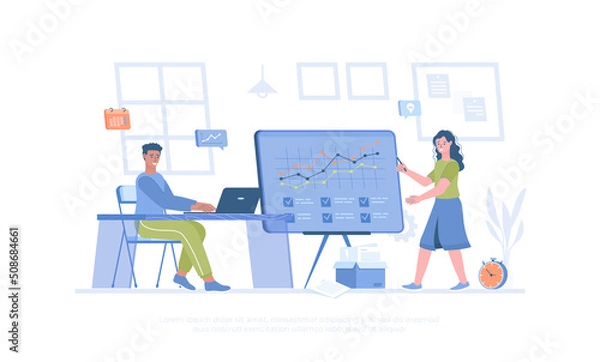 Fototapeta Brainstorming team working on projects, creating a new product. Colleagues discussion, business communication. Cartoon modern flat vector illustration for banner, website design, landing page.