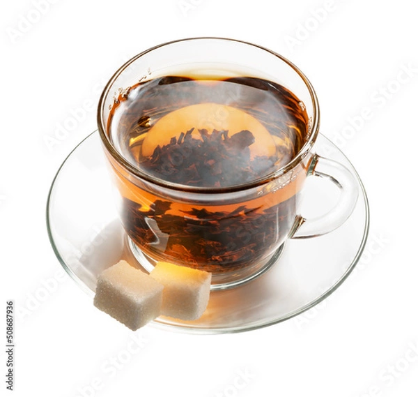 Fototapeta cup of tea with sugar cubes isolated on white.