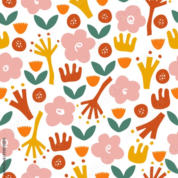 Fototapeta Abstract playful groovy style cut out flowers on seamless pattern. Trendy whimsical kid floral stationery header. Repeatable vector stripe.