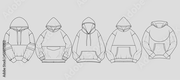 Fototapeta Set of hoodie oversized outline drawing vector, hoodie oversized in a sketch style, trainers template outline, vector Illustration
