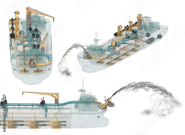 Fototapeta Dredger schematic with the location of internal and external objects. The scheme allows us to consider the technology of moving the soil inside the vessel. Rainbowing.  Isolated on white. 3d-rendering