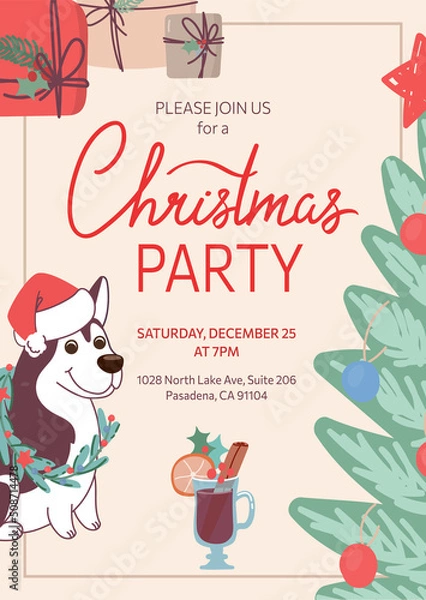 Obraz An invitation to a Christmas party. The winter card is decorated with a funny dog in a New Years hat, a Christmas tree, gifts and mulled wine. Vector New Year template, flat style