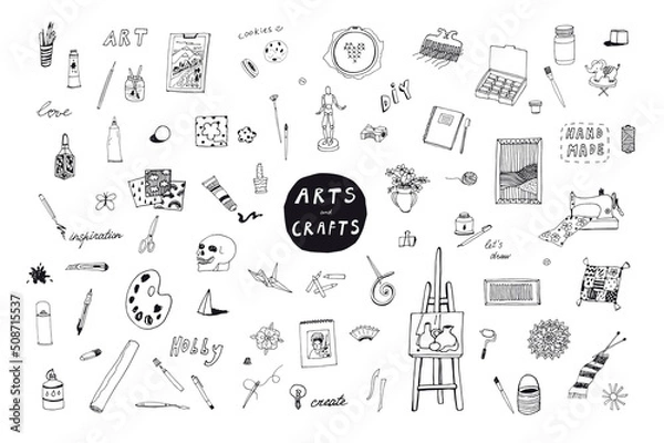 Fototapeta Art hobby painting class objects vector line illustrations set