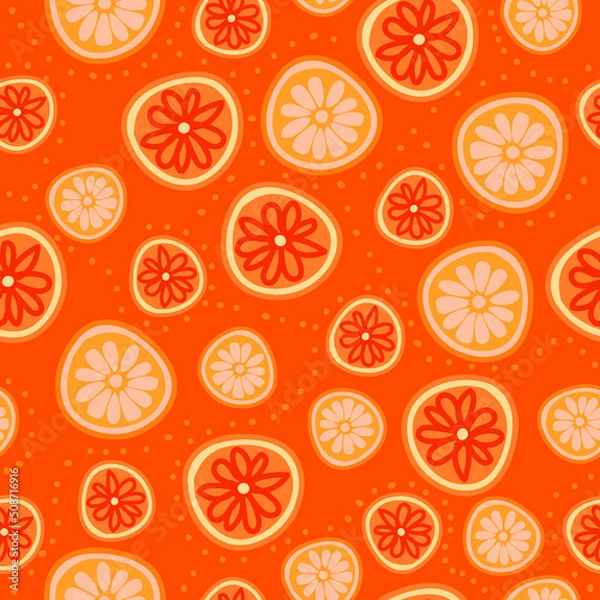 Fototapeta Seamless pattern with tropical fruits, oranges, leaves. Design of dresses, clothes, fabrics, wallpapers, overalls. Cute summer pattern with oranges for girls. Tropical print.