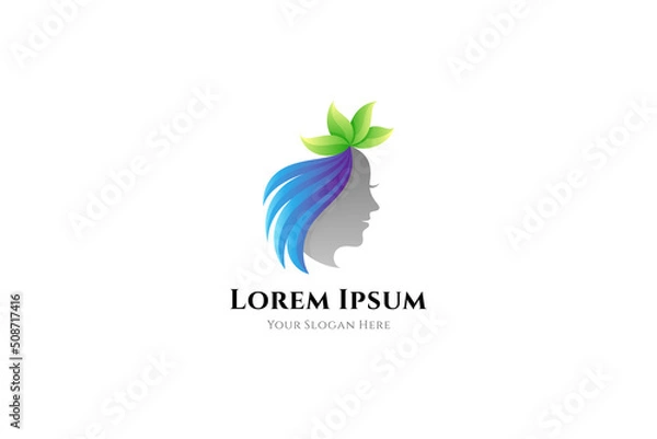 Fototapeta natural beauty logo, women and leaf with 3d shape in gradient blue and green color