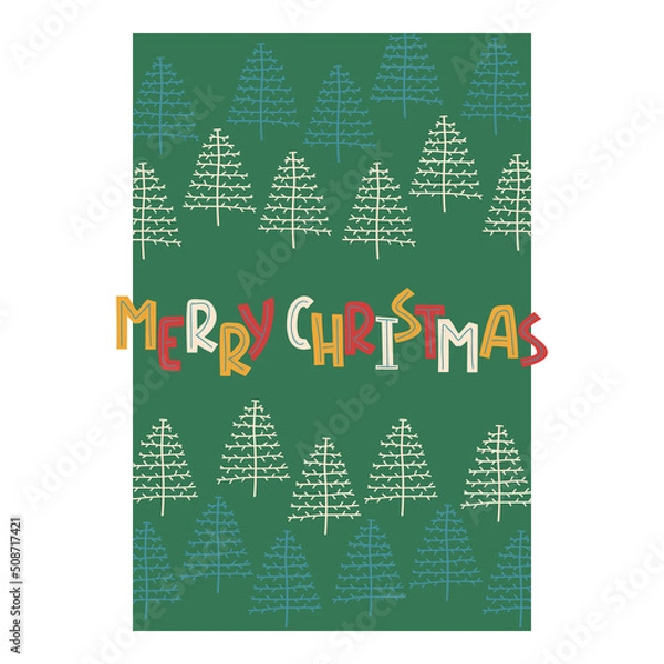 Fototapeta Merry Xmas quote with christmas tree and gift. Design element for congratulation card, banner or flyer. Vector illustration