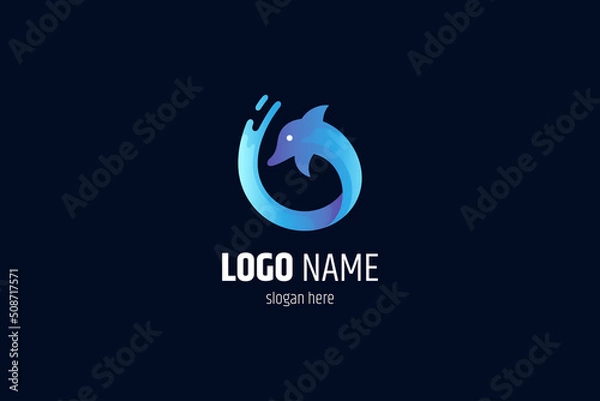 Fototapeta dolphin logo and water splash. simple, abstract, cheerful, organic 3d design style. suitable for dolphin conservation, dolphin show, tourism industry.