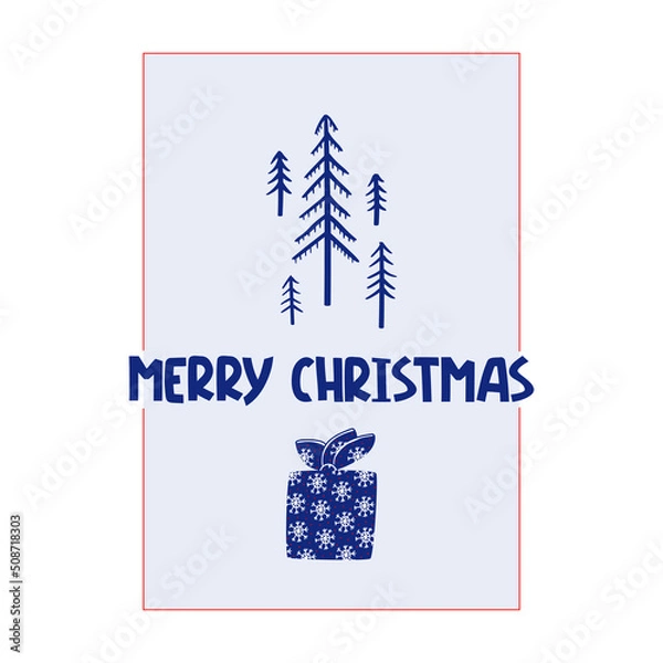 Fototapeta Merry Xmas quote with christmas tree and gift. Unique handwriting wishes. Design element for congratulation card, banner or flyer. Vector illustration