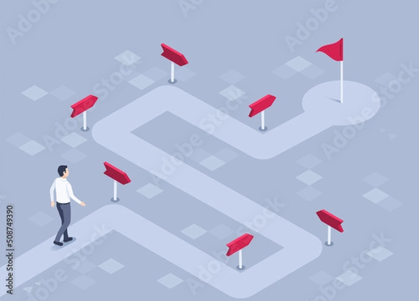 Fototapeta isometric vector illustration on a gray background, a man in business clothes walks along a winding path with pointers leading to a flag, a road or route to success