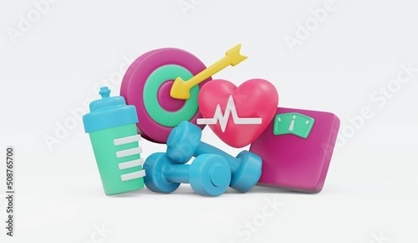 Fototapeta 3D Rendering set of goal of cardio exercise icon heart rate scale target dumbbell and water bottle concept of workout achievement isolated on white background. 3D Render illustration cartoon style.