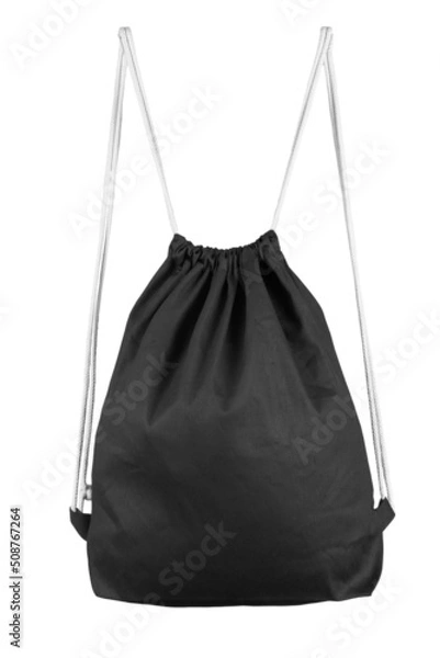 Obraz Drawstring pack template jute isolated on white. Black bag.
