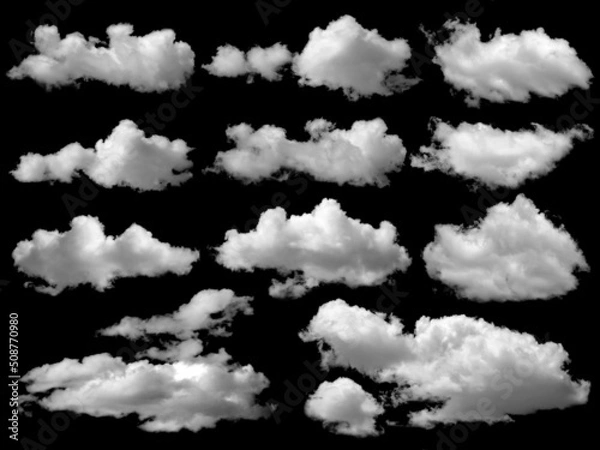 Obraz beautiful white clouds elements set, isolated on black background.