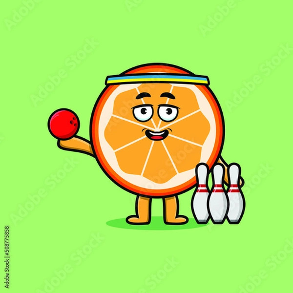 Fototapeta Cute cartoon orange fruit character playing bowling in 3d modern style design