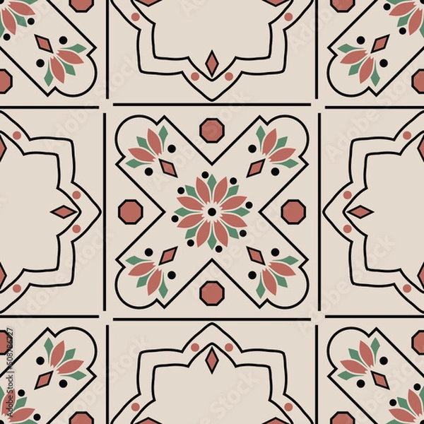 Fototapeta Seamless vector pattern with vintage wall tile on beige background. Simple home decor wallpaper design. Decorative retro ornate fashion textile.