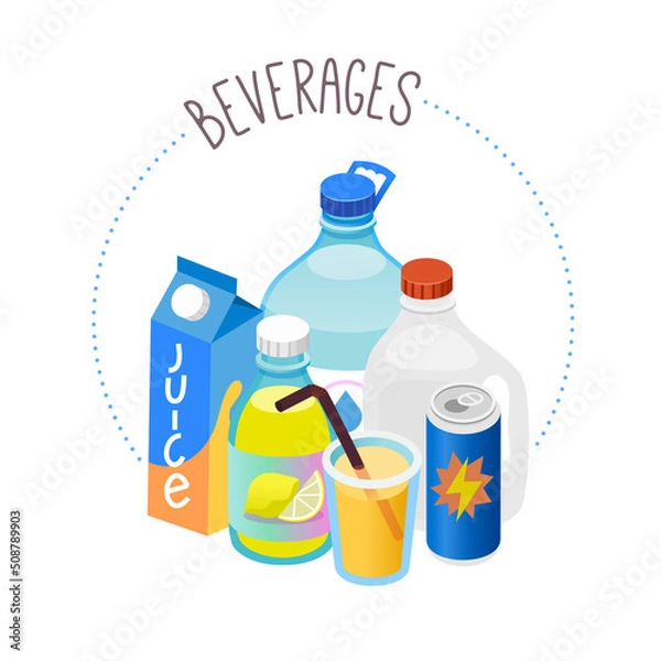 Obraz Circle label for beverages department of a grocery store or online  marketplace. Isolated vector illustration with group of cans bottles cartons and glasses. 