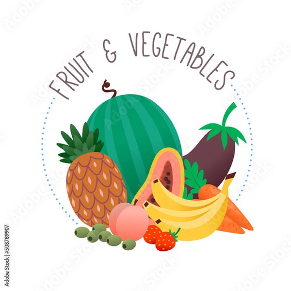 Obraz Circle label for fruit and vegetables section of a grocery store or online  marketplace. Isolated vector illustration with a pile of organic goods