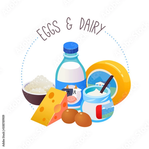 Obraz Circle label for dairy department of a grocery store or online  marketplace. Isolated vector illustration with group of milk, cheese and eggs. 