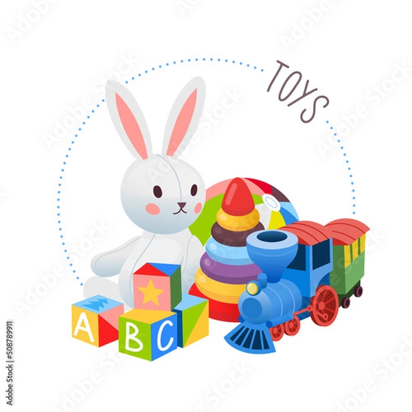 Obraz Collection of toys. Circle label for a toys and games goods at supermarket department or online store. Isolated vector image.