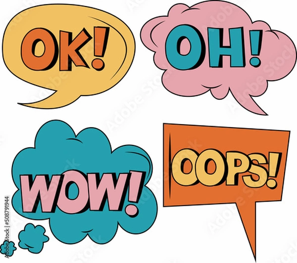 Fototapeta Vector isolated colorful speech bubble with text OK OH WOW OOPS. Concept of diversity equality and inclusion. 