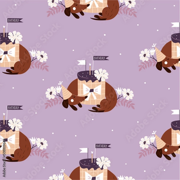 Fototapeta Seamless pattern with dog and cake. Festive wallpaper with dachshund in vintage style. Vector hand drawn illustration