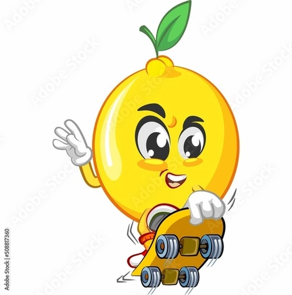 Fototapeta cute lemon fruit mascot character illustration logo icon vector jump with skateboard