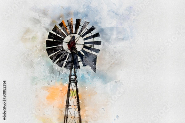 Obraz Old windmill of a weather vapor with blades, watercolor art drawing