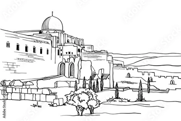Obraz Old Jerusalem. Nice view of the domes and walls of the ancient city. Hand drawn sketch. Urban sketch. Line art. Ink drawing. Black and white vector illustration. Postcards style. Without people.