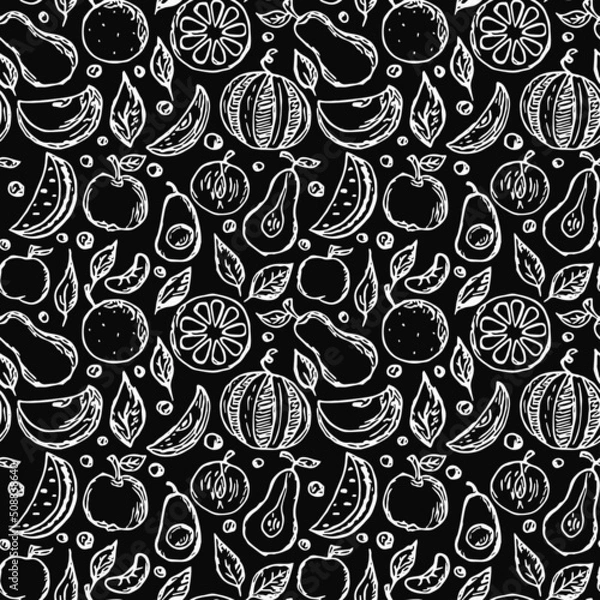 Fototapeta Seamless fruit pattern. doodle background with fruit icons. Fruit background