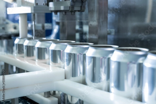Fototapeta Empty new aluminum cans for drink process in factory line on conveyor belt machine at beverage manufacturing. food and beverage industrial business concept. High quality photo
