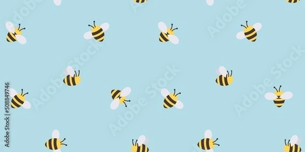 Obraz Trendy hand drawn bee seamless background. Cute summer or spring pattern with flat style bees and blue background. Cartoon bee vector illustration