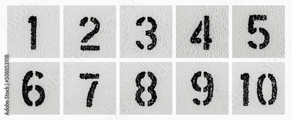 Fototapeta Panoramic photo collage of numbers of 1 to 10, on grey textured background.