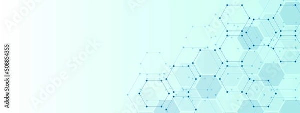 Fototapeta Vector blue background frame. Design plexus of geometric shapes. Texture of hexagons with dots. Digital communication cells. Neural network. Banner technology, medicine, business, social networks.